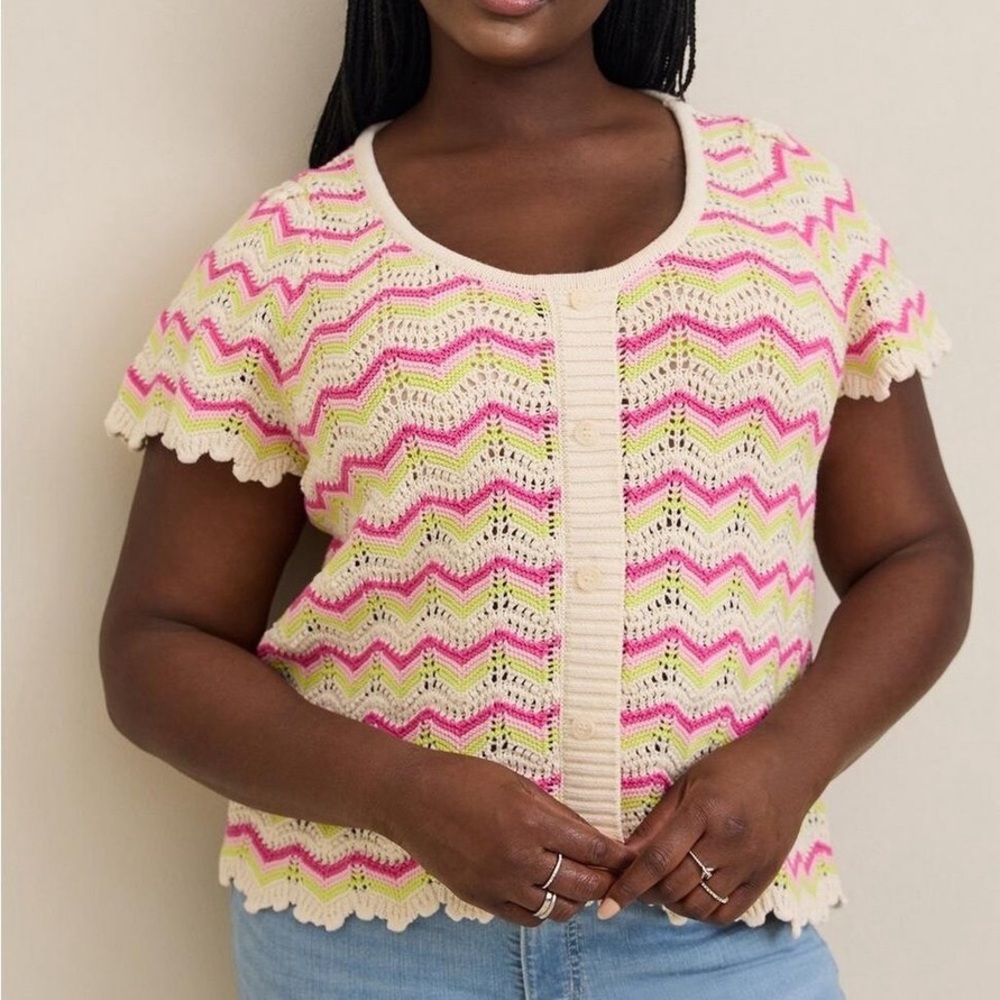 torrid Cream, Pink & Lime Chevron Knit Short-Sleeve Sweater